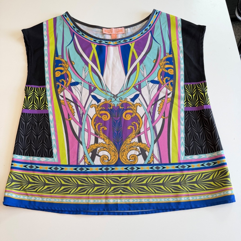Peach Puff Boho Sleeveless Blouse‎ Multi Color Geometric Baroque Print Womens S